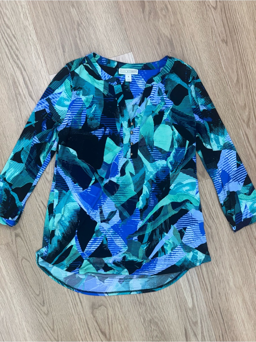 Dana Buchman Blue Green Abstract Long-Sleeve Henley Top